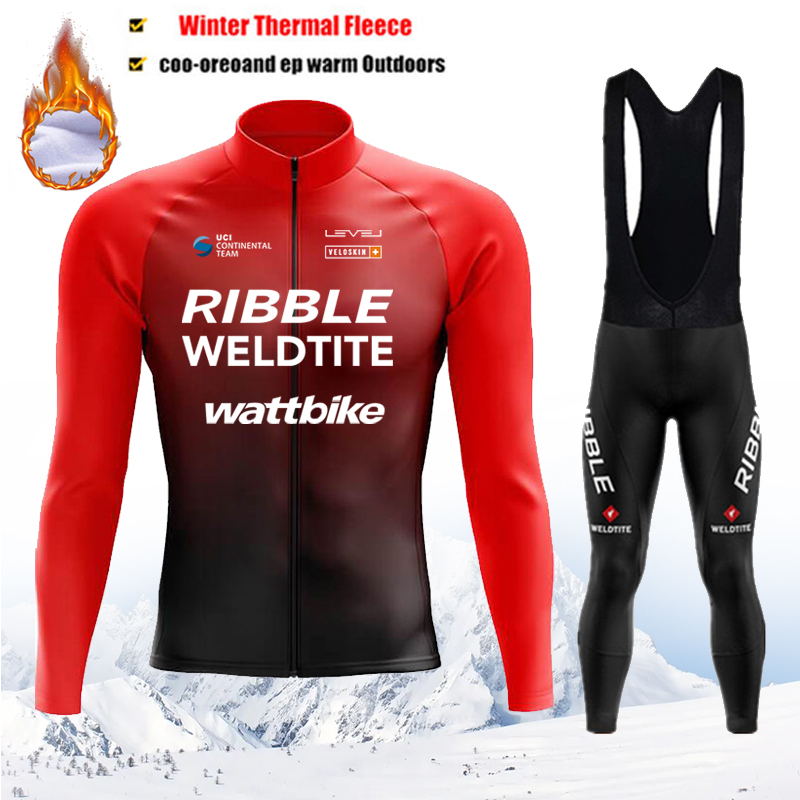 Mountain Biking Long Sleeve Shirt - Winter Thermal Red Cycling Jersey Set